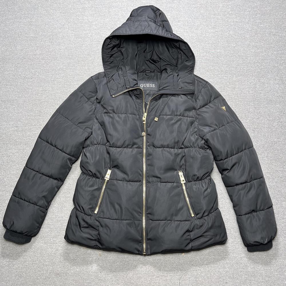 Guess Jacket Teens Large Black Hooded Puffer Zip Pockets Winter Casual Coat